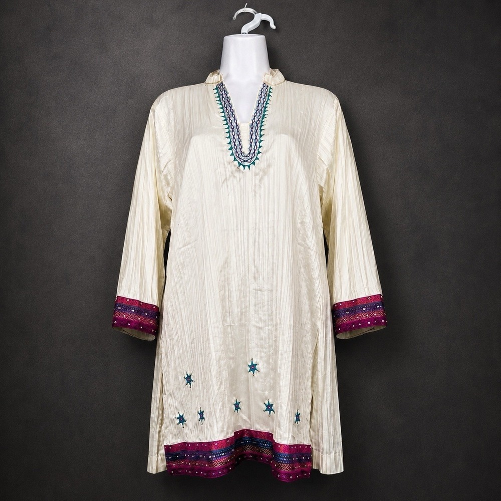 Boho Embroidered Tunic Sz L Ivory Kurti Crinkled Sequins Celestial Star Festival
